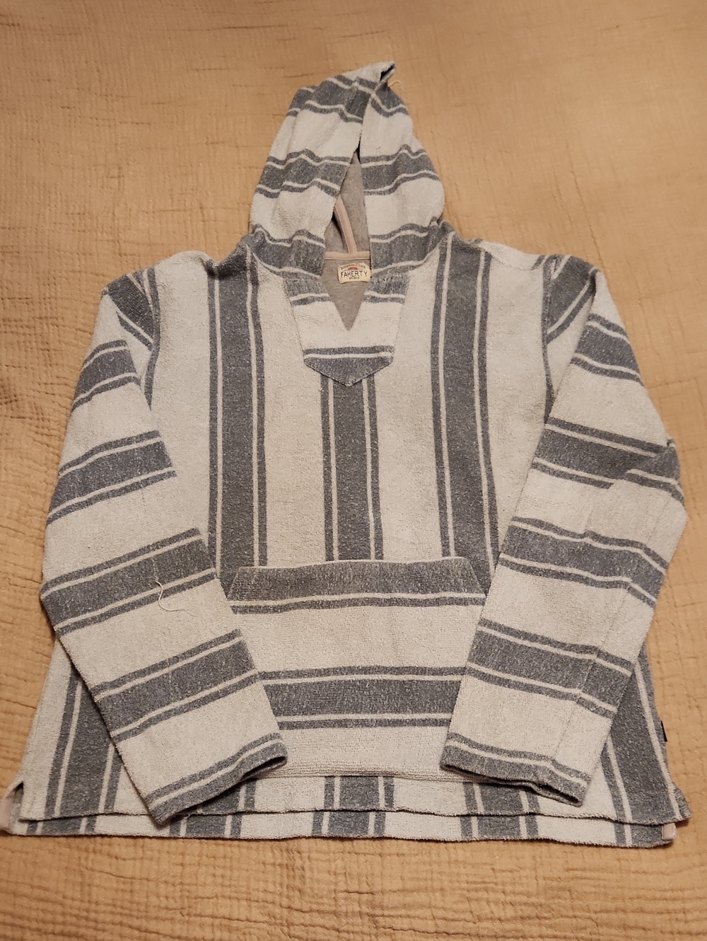 Faherty Terry Striped Hooded Baja Pullover, Gray Size L